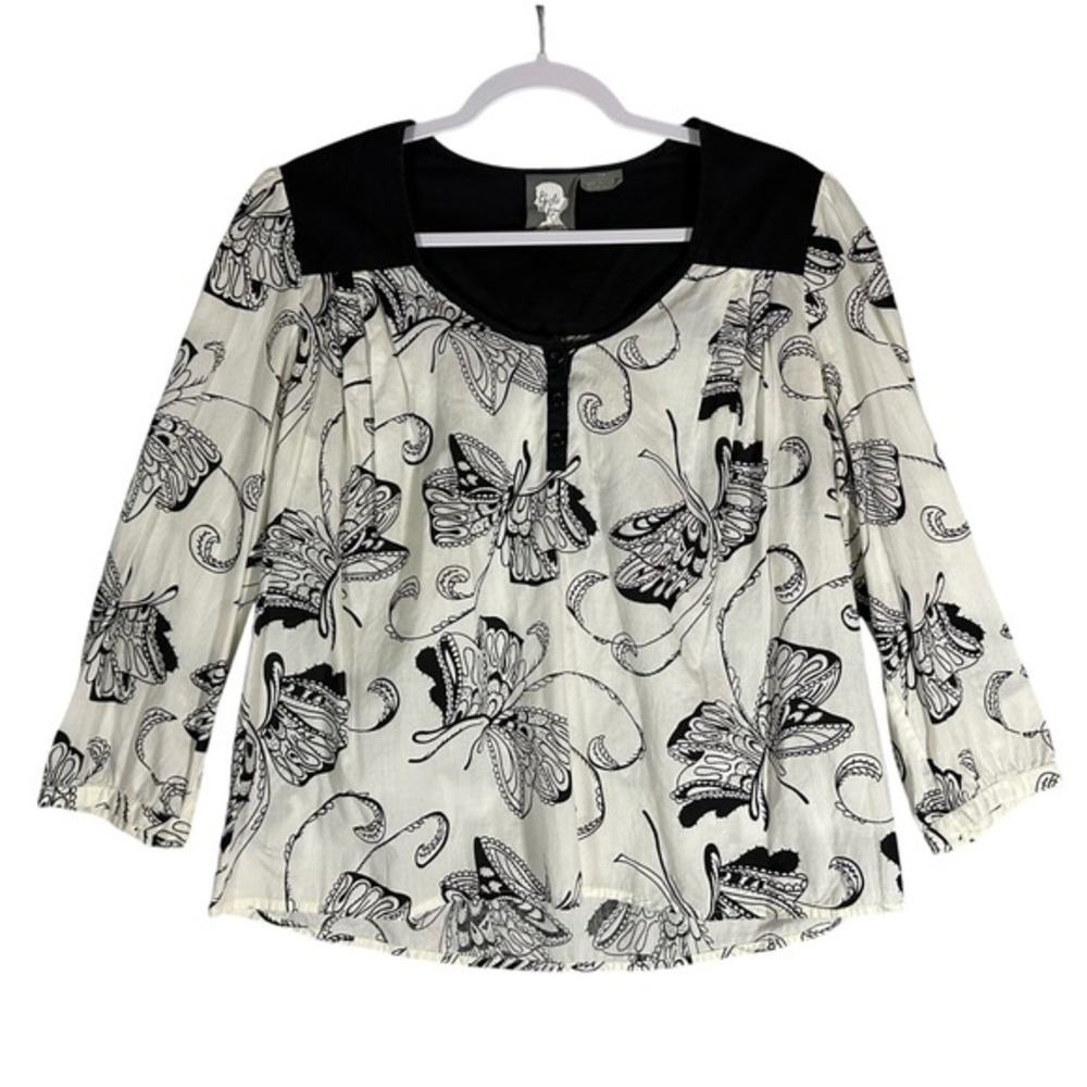 Girls From Savoy Anthropologie 100% Cotton Butterfly Blouse Sz 10 Black & White
